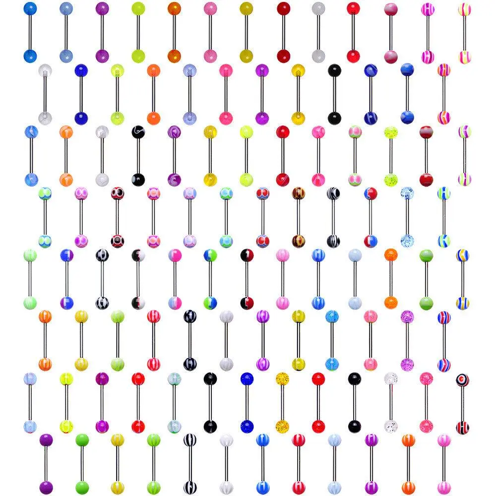 UV Acrylic Ball Steel Barbell Tongue Ring Set of 100