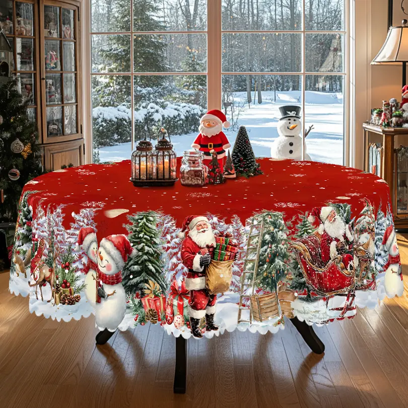 1pc, Christmas Pattern Printed Tablecloth, Vintage Christmas Tablecloth, Santa and Reindeer Design, Rectangular and Round Table Cloth, Holiday Party Decor, Kitchen Accessories, Suitable for Indoor and Outdoor Use, Gifts