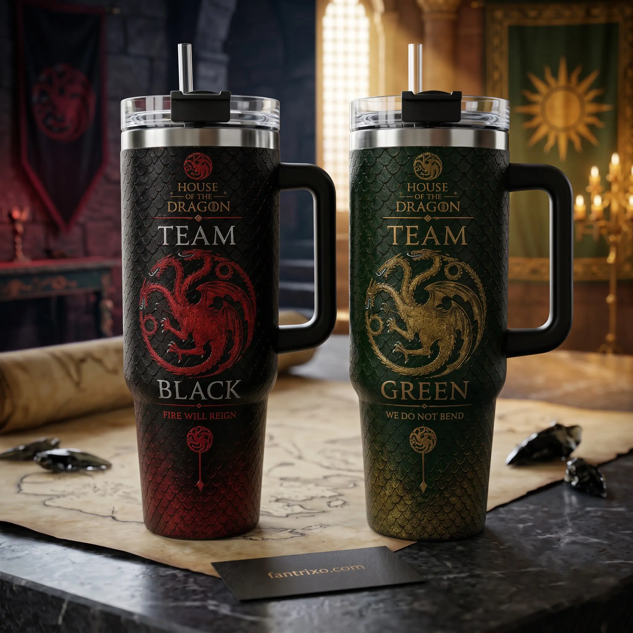 House of the Dragon 40oz Tumbler with Handle Straw, HOTD Team Black Team Green Travel Mug, Targaryen Dragon Scales Fire Will Reign Stainless Steel Insulated Water Coffee Cup, Game of Thrones GOT TV Show Drinkware, Fantasy Series Gifts for Fans