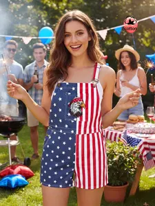 Women's American Flag Element Loose Casual Jeans Overall Shorts, Star Striped Print, Eagle Embroidery, Large Pockets, Independence Day Theme