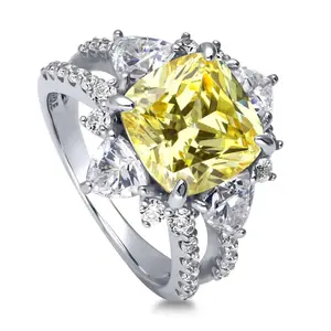 BERRICLE Sterling Silver Halo Flower Statement Cocktail Split Shank Ring for Women, Canary Yellow Cushion Cut Cubic Zirconia CZ