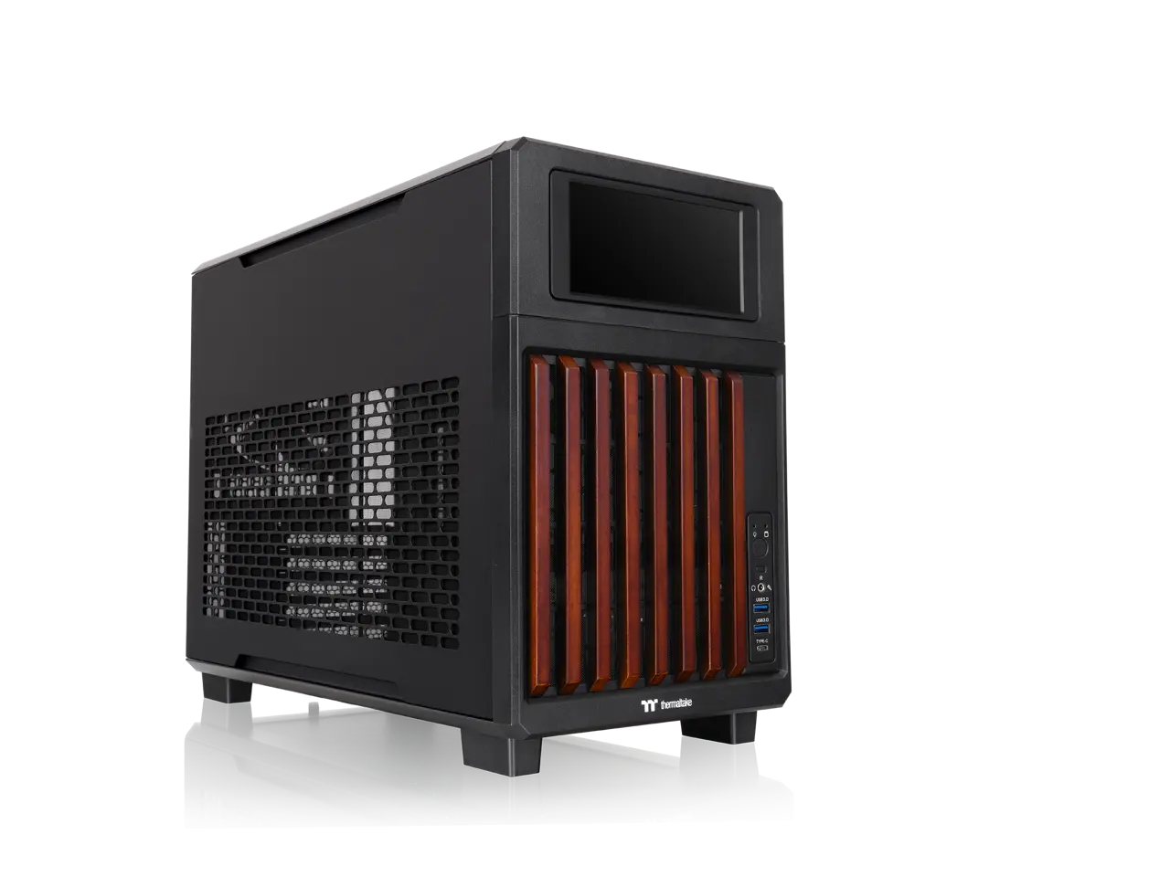 Thermaltake TR200 WS; Preinstalled 6.0 Inch LCD Screen; Micro Chassis; Wood Front Trim; mATX/mITX Support; 360mm Radiator Support; 365mm GPU Clearance; 258mm PSU Clearance; 175mm Air Cooler; Black