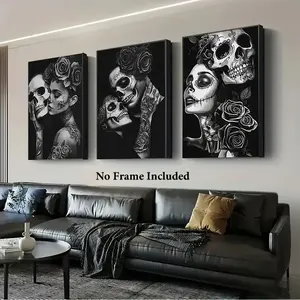Gothic Kiss Ghost Couple Halloween Poster Set, Unframed Artistic Canvas Wall Decor, Three-Piece Gothic Style Wedding Decoration Art, Frameless