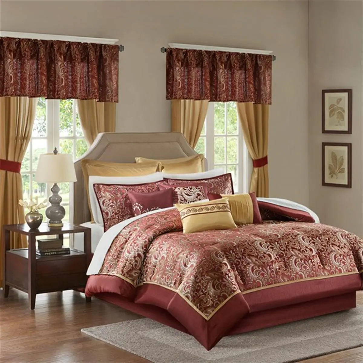 Madison Park Brystol King Size Red 24-Piece Bedding Set - Gold Accents, Embroidery Print, Paisley Motif, Romantic Elegance, Red Interior Bedding Sets Collections, Room Decor