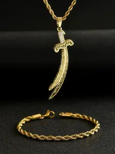 Abi Talib Pendant Necklace Bracelet Set, Stainless Steel Sword Necklace Bracelet Men Women Zulfiqar Sword Necklace Imam Ali Zulfiqar Pendant Arabic Runes Islamic Muslim Jewelry Amulet Religious Gift Symbolism, Elegant Jewelry Set