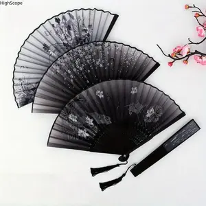 Traditional Vintage Bamboo Folding Fan – Handheld Art Fan with Floral Artwork, Tassel Detail, Lightweight & Portable, 3-Pack Solid Color, Perfect for Home Decor, Celebrations & Gifts