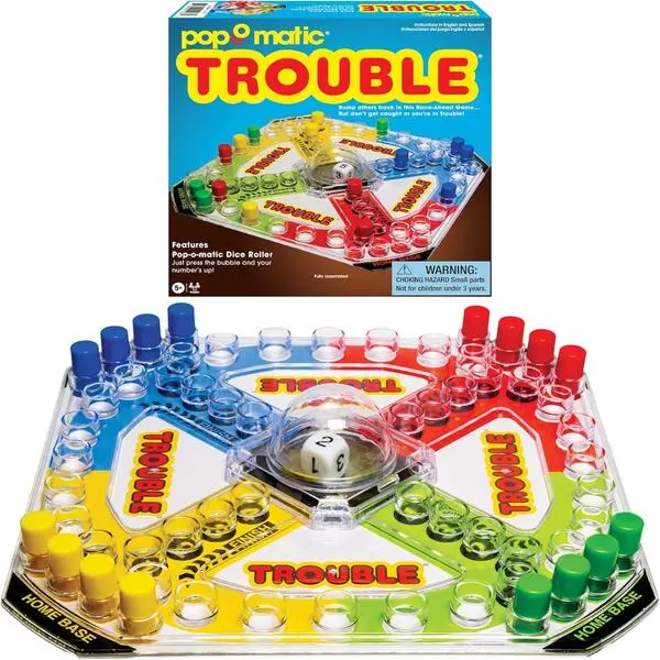 Winning Moves Classic Trouble Board Game with Retro Artwork, Pop-O-Matic Popper Family Strategy Game for Kids and Adults, 2–4 Players, Ages 5+