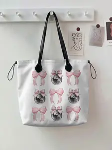Large Capacity Bow Pattern 2D Print Drawstring Tote Bag, Durable Storage Tote Shopping Bag for Work and Picnic, Stylish All Seasons