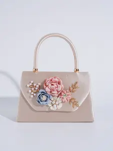 Banquet bag, flower decoration handbag, champagne colored women's bag, single shoulder crossbody chain bag, small square bag