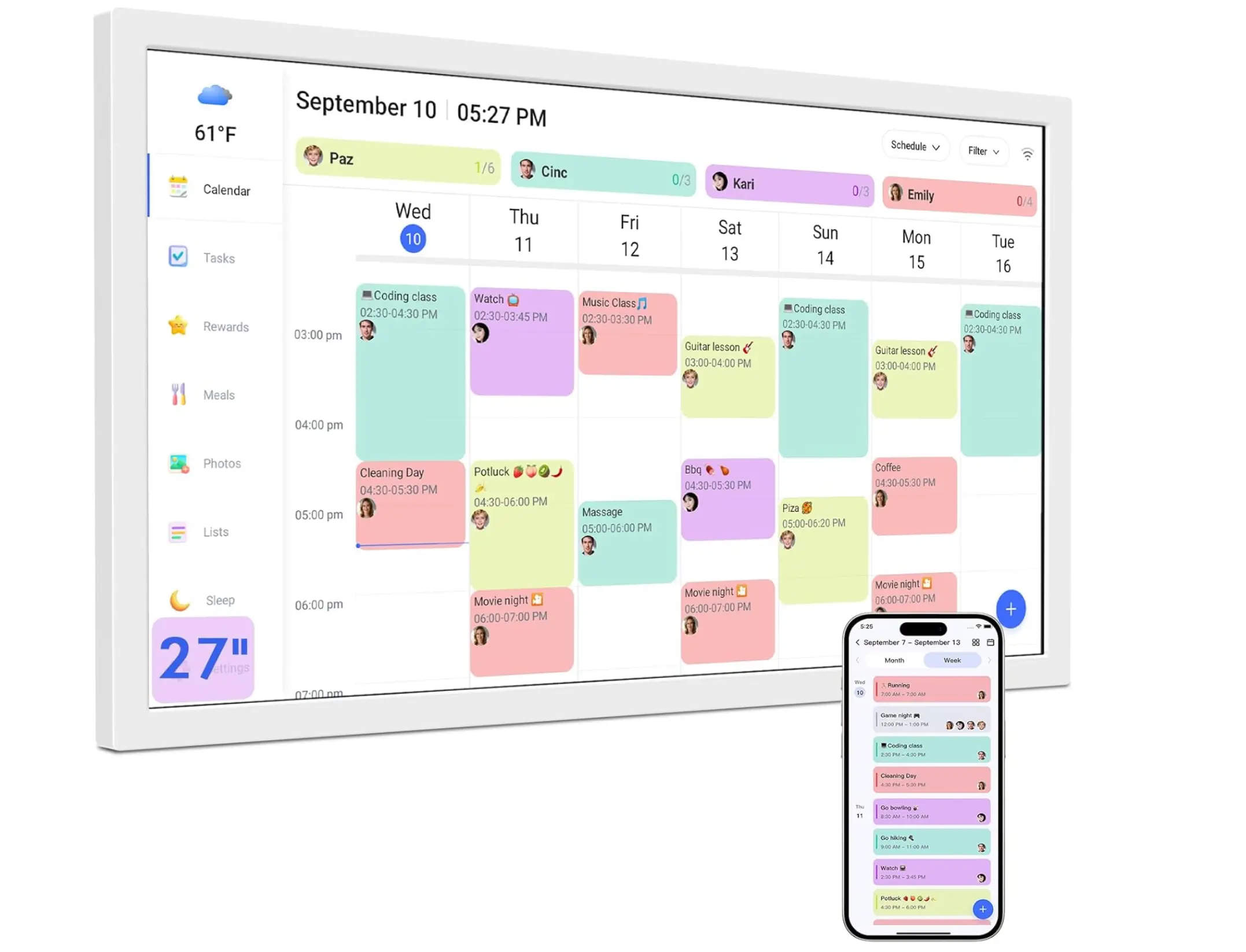 27 Inch Smart Digital Calendar Max - Large Wall Mountable Electronic Family Planner, 1080p IPS Touchscreen Display, Auto-Sync Google/Outlook, Chore Chart & Meal Board, White - Gifts for Women