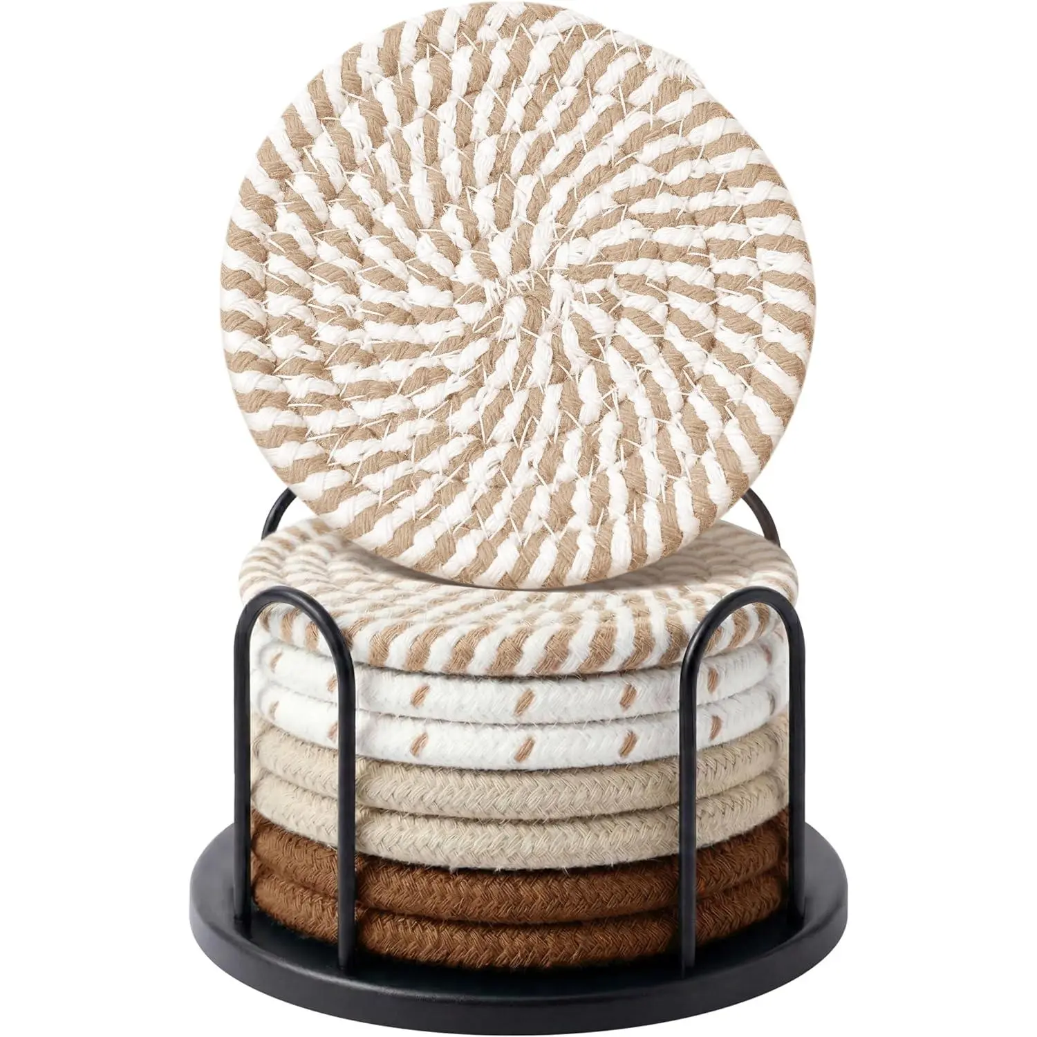 Coasters Set of 8 for Drinks, Beer, Coffee, Cotton Woven Absorbent Coaster with Holder, Boho Coasters for Home Decor Tabletop Protection Suitable for Kinds of Cups, Coffee
