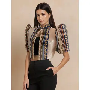 Amyenjoylife Modern Filipiniana 1PC Women's Fashion Semi-Transparent Fabric Splicing Stand-Up Collar Design Sense Elegant Top, Button-Up Blouse Spring And Summer Bolero Filipiniana For Women