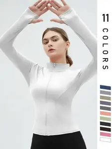 Women's Thumb Holes Zip Up Sports Jacket, Sporty Plain Long Sleeve Tops, Women's Sportswear for Tennis Pickleball Indoor Outdoor Wear, Sports Outerwear, Zip Front Jacket