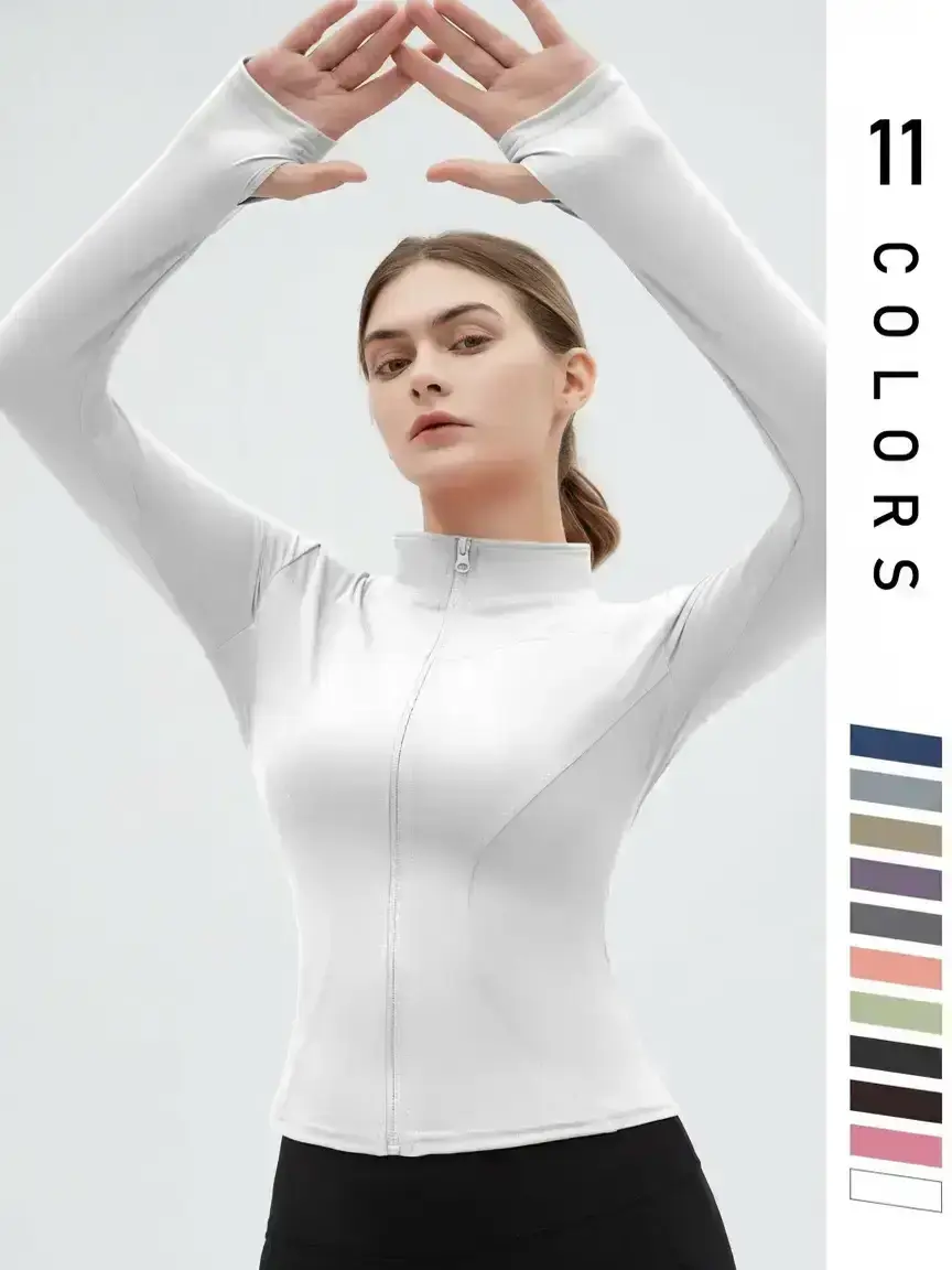 Women's Thumb Holes Zip Up Sports Jacket, Sporty Plain Long Sleeve Tops, Women's Sportswear for Tennis Pickleball Indoor Outdoor Wear, Sports Outerwear, Zip Front Jacket