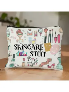 Skincare Stuff Makeup Bag - Fun Cosmetic Pouch with Zipper, Durable Odorless Cosmetic Organizer for Skincare Essentials, Multi-Functional Travel-Friendly Design, Perfect Gift for Men & Women (White), Playful Illustration, Secure Zipper Closure