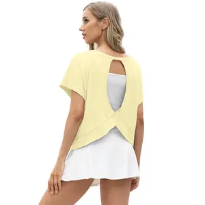 GRECERELLE Women's Open Back Workout Tops Backless Athletic Shirts Casual Crop Running Tee Y2k Yoga