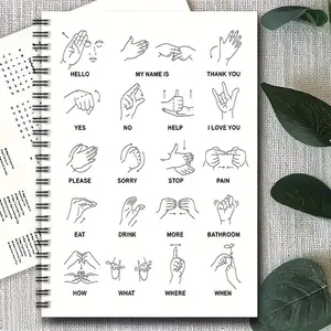 Basic Sign Language Gesture Learning Book, Spiral Notebook with 20 Daily Communication Signs, Art Cover Design, Portable Notebook