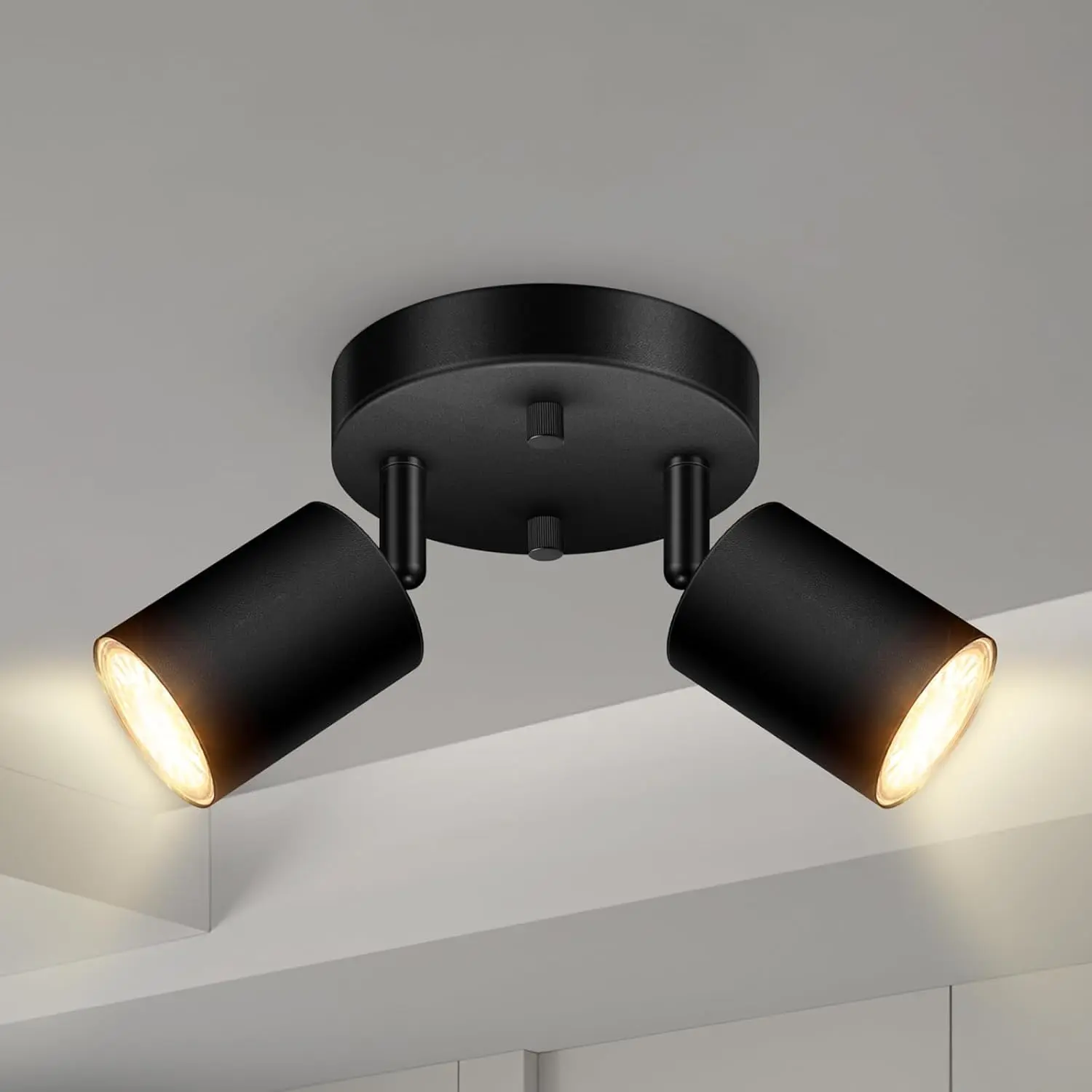 2 Light Track Lighting Fixtures Ceiling, Matte Black Round Directional Ceiling Spotlight, GU10 Flush Mount Track Fixture, Adjustable Modern LED Track Lights for Kitchen/Living Room, Bulb Not Included