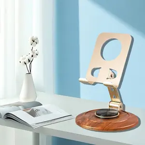 Upgrade Version Large Base Stand for Phone & Tablet, Adjustable Height, Rotatable Design, Secure Clip Installation, Wood Grain Edging, Metal Structure