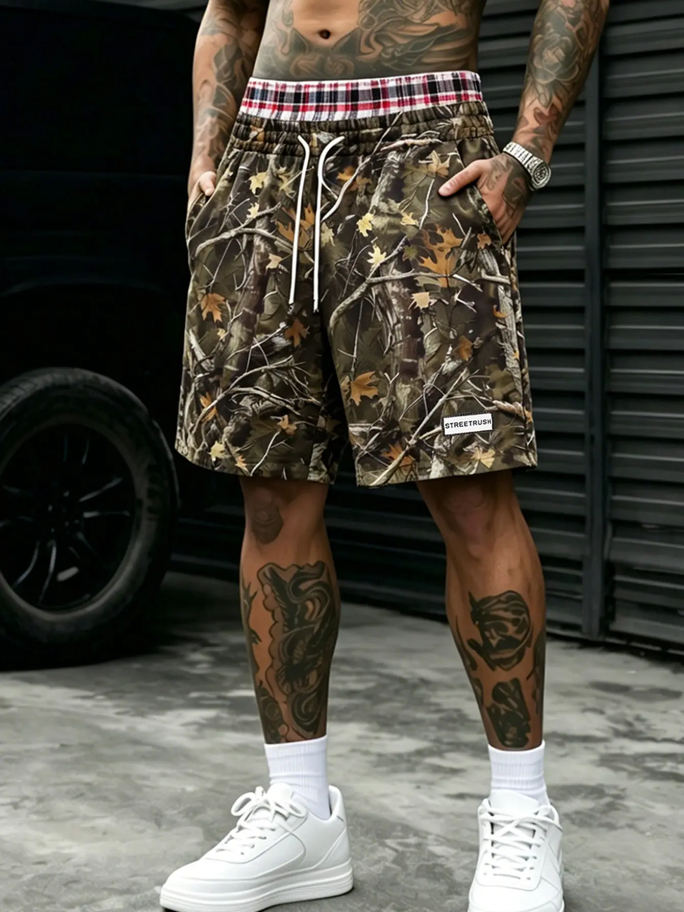 Men’s Vintage Tree Camouflage Sweat Shorts - Thick Smooth Breathable Fabric, Elastic Drawstring Waist, Plaid Waistband, Streetwear Relaxed Fit Casual Summer Tee-Matching Shorts for Everyday Outdoor Menswear, Stitched Hem
