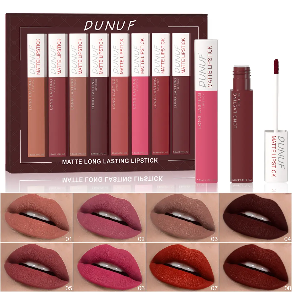 DUNUF 8Pcs Matte Liquid Lipstick Set | Long Lasting Waterproof Nude & Red Lip Gloss | High Pigment Velvet Lip Stain | TikTok Viral Beauty Makeup for Women