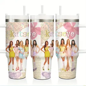 Katseye Girl Group Fan 40oz Large Stainless Steel Tumbler with Handle and Straw Leak Proof Insulated Mug Keeps Drinks Hot Cold for Daily Use
