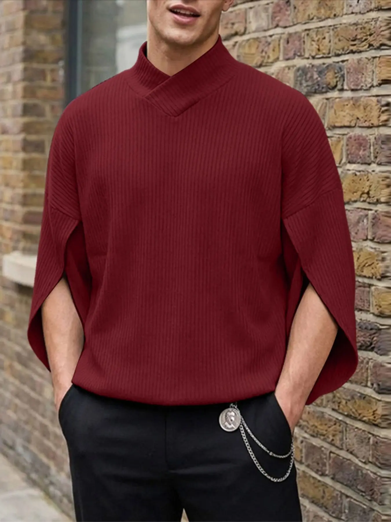 INCERUN Men's Cross Design Knitted Texture Seven-Quarter Sleeve Relaxed Fit T-Shirt, Ideal for Daily Casual Wear, Comfortable and Stylish Top