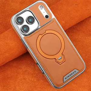RIMBMAX Cow Hide Leather Texture Protective Handheld Phone Casing - 360-Degree Rotatable Magnetic Kickstand, Full Shockproof Cover with Screen Protector, Stylish Accessory for iPhone 17 Pro Max/16/15/14/13/12 Series Devices, Accessories fathersdaygiftidea