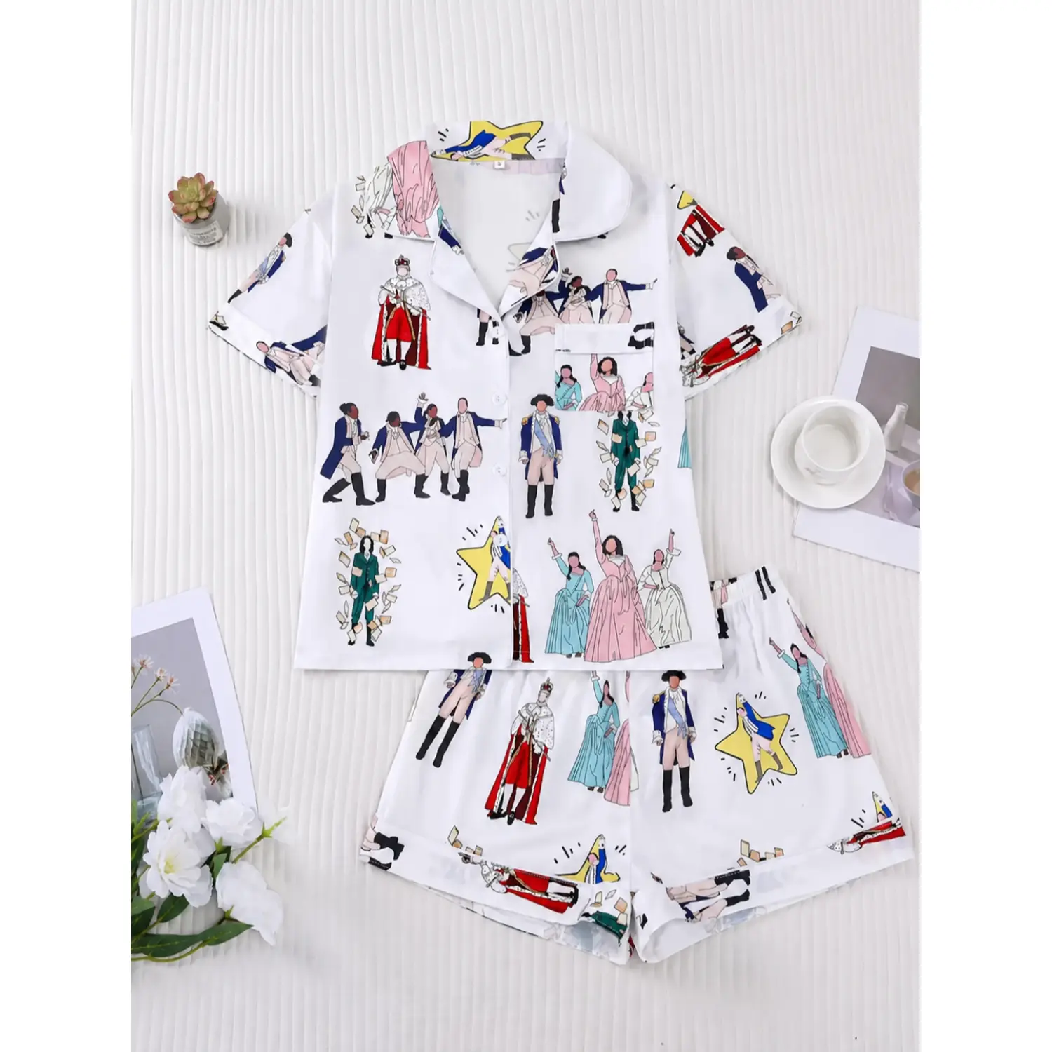 Women's Hamilton Musical Pajama Set - Soft Short Sleeve Button-Up Top & Elastic Waist Shorts for Casual Home Relaxation