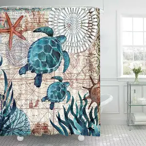 Turtle Pattern Shower Curtain, Ocean Design with Hooks, Washable Bathroom Divider Decorative Accessory, Home Decoration, Bathroom Decoration Accessories
