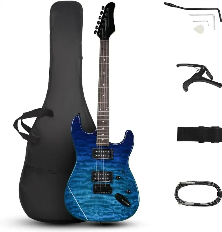 39in Electric Guitar H-H Pickups - Trans Blue Finish w/Tremolo Bridge & Maple Neck for Heavy Rock, Includes Gig Bag & Accessories
