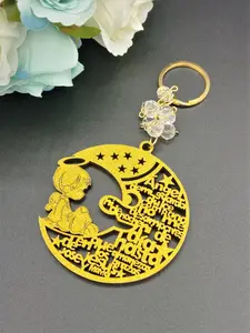 US LUOKASI 12pcs Wood Angel Boy in the Moon Design Gold Glittle Keychain Baptism Favors with Boy Angel Recuerdos de Bautizo With Organza Bags