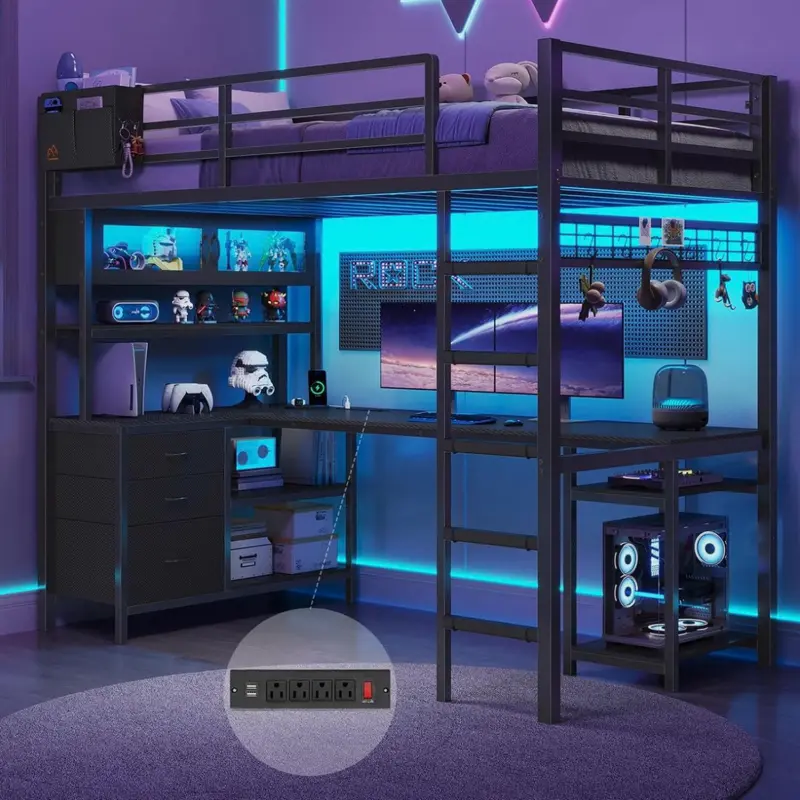 DICTAC Twin Loft Bed with L-Shaped Gaming Desk,Led Lights and Charging Station