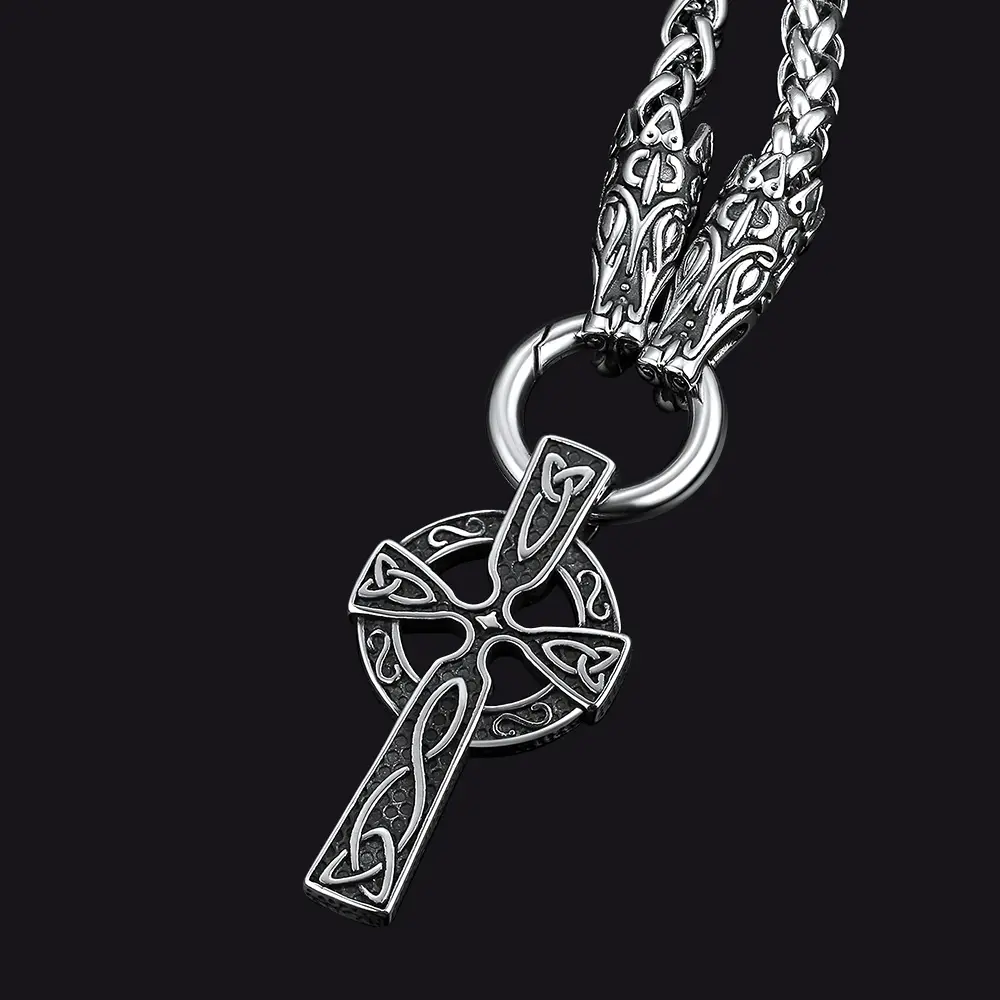 FaithHeart Viking Celtic Knot Cross Necklace for Men, Bold Stainless Steel Pendant with Wolf Head Rope Chain, 28 Inch, Bold Cross Design, Cross Chain Design