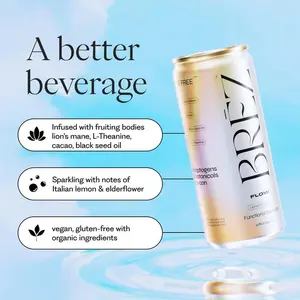 BRĒZ FLOW Adaptogenic Tonic - Functional Beverage w/ Lion’s Mane & Natural Ingredients - Sparkling Lemon Elderflower Drink (12oz)