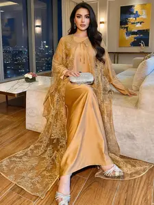 Arabian Women Muslim Ramadan New Spring Summer Lightweight Lace Cape Satin Long Sleeve Dress Set, Casual Fitted Plain Style
