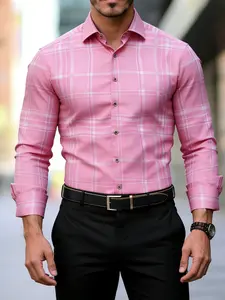 🔥Men's Street Style Plaid Checked Blouse, Fitted Long Sleeve Top, Casual Collared Button Front Shirt, All Season Wear, Summer Travel Cs7117, Casual Fashion Shirt