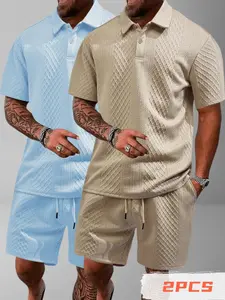 Two-piece Set Men's Solid Color Polo Shirt & Drawstring Waist Shorts, Regular Fit Casual Short Sleeve Top & Track Shorts, Men's Summer Clothes, Menswear, Shortsleeve, Casual Matching Set