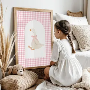 Silly Goose Print Pink Gingham Nursery Wall Art