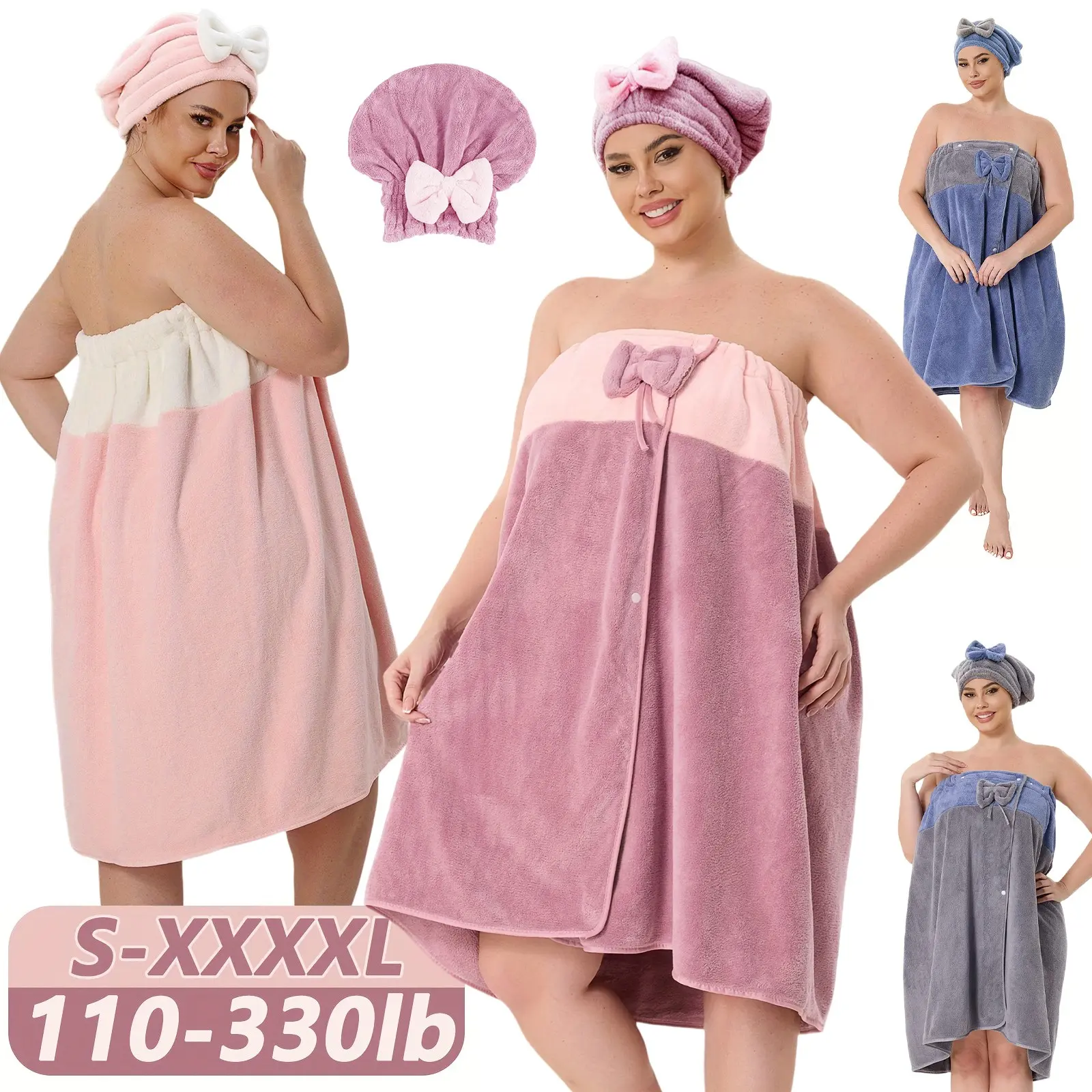 2pcs Set, 31.89*88.58inch/31.89*64.96inch S-XXXXL Adjustable, Oversized Bath Skirt + Triangular Hair Drying Cap, Two-Tone Solid Color, Suitable for Home, Travel, Steam Room, Spa, And Beach, Wash Cloths, Towels for bathroom