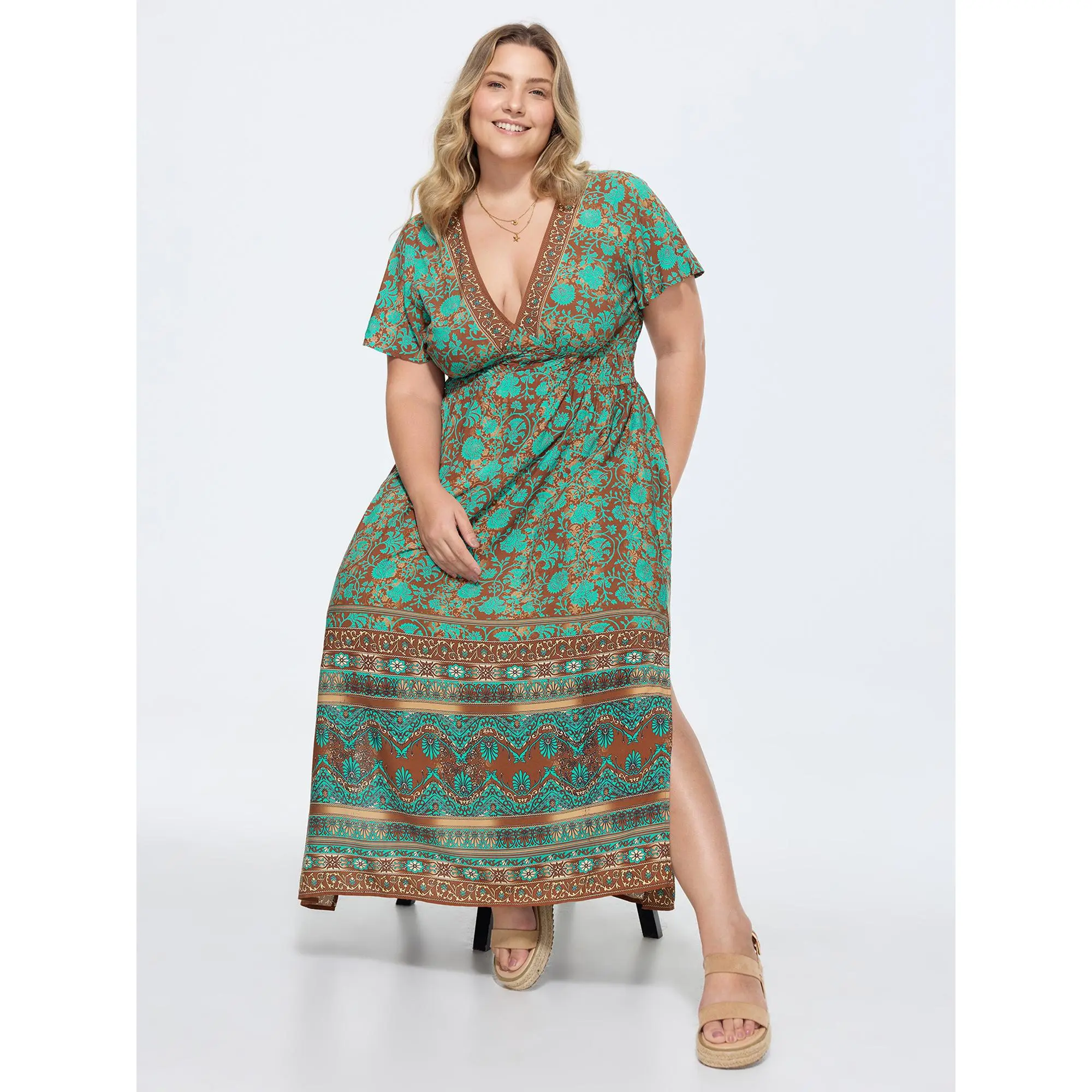 Women's Bohemian Casual Ethnic Floral Print Short Rayon Stretch Fabric Fit Maxi Dress for Lady, Cinched Waist, Pocket, Casual Wear, Summer,Summerfinds