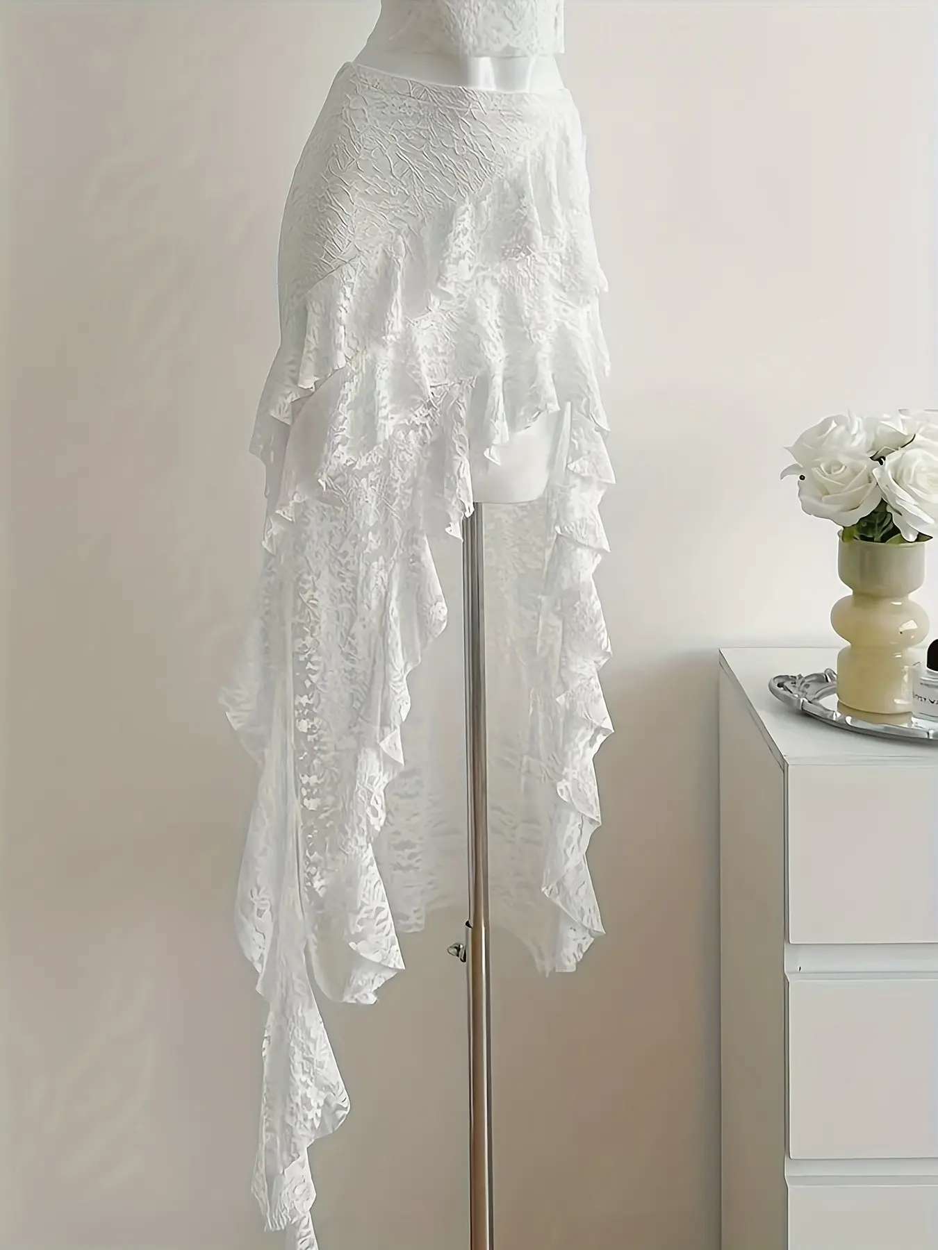 Boho Style Ruffle Lace Patchwork Asymmetrical Hem Mini Skirt, All-Season Wear, Fashionable, Chic, Elegant and Comfortable, Perfect for Any Occasion, Ruffled Hem Skirt
