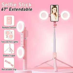 67 Selfie Stick Tripod with Ring Light 360°Rotation, Dual Fill Lights, Selfie Light，Wireless Remote for iPhone Android phone tripod for Vlog stand content Gifts