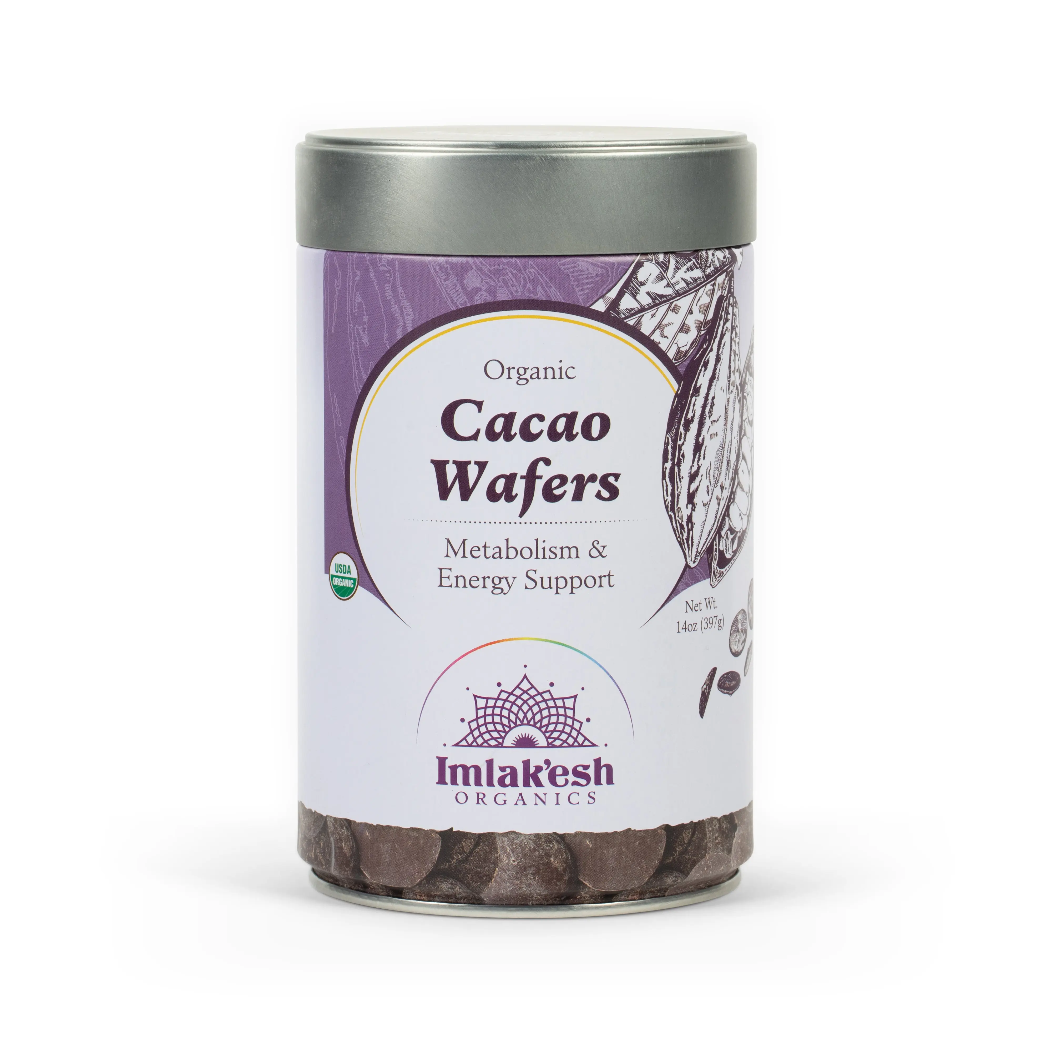 Imlakesh Organics Cacao Wafers, 14oz (Metal Jar)