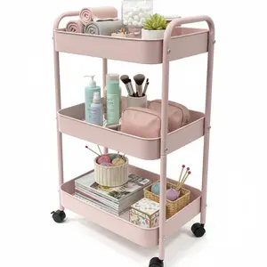 3-Tier Metal Rolling Utility Cart with Wheels Multi-Functional Storage Organizer for Kitchen Bathroom Office Baby Essentials Makeup Lockable Casters Large Capacity Easy Assembly