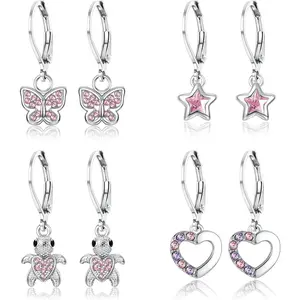 CASSIECA 4Pairs Dangling Earrings Stack for Women with Zirconia Studs Surgical Steel Hypoallergenic Earrings Stack for Women with Heart Flower Star Turtle Cartilage Tragus Piercing Earring Set