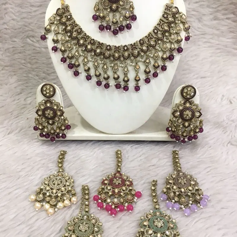 Indian Wedding Jewelry Set - Kundan Necklace, Earrings & Tikka, Handcrafted by Skilled Artisans in India, Elegant Adults' Jewelry