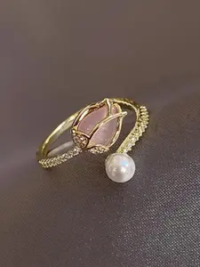 Elegant Tulip Faux Pearl Ring, Fashionable Unique Design Flower Bud Finger Ring, Statement Rings, Daily Wear, Party Gift, Travel Souvenir