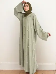 Women's Embroidery Zipper Abaya without Hijab, Elegant Long Sleeve Round Neck Abaya for Party, Ladies Islamic Clothing for All Seasons, Abayas For Eid