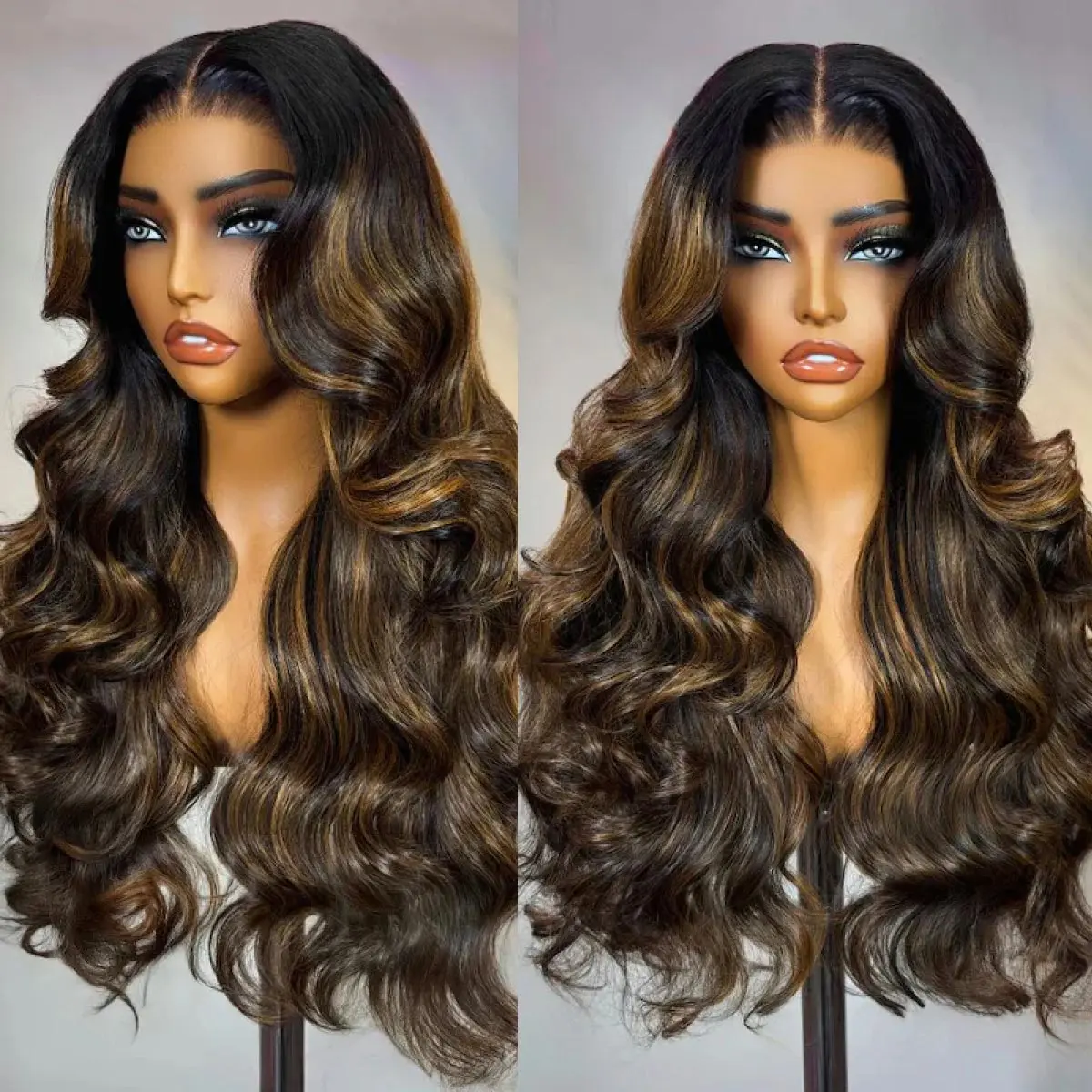 OQ HAIR 200% Density Body Wave Ombre Glueless Wigs Human Hair Highlight Balayage Color Pre Plucked T Part 9x6 Lace Wig With Ntural Hairline